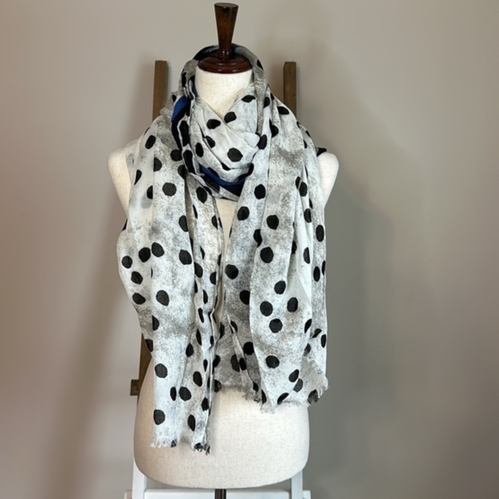 White, Gray and Black Polka Dot Scarf with Blue and Black Stripes in GUC